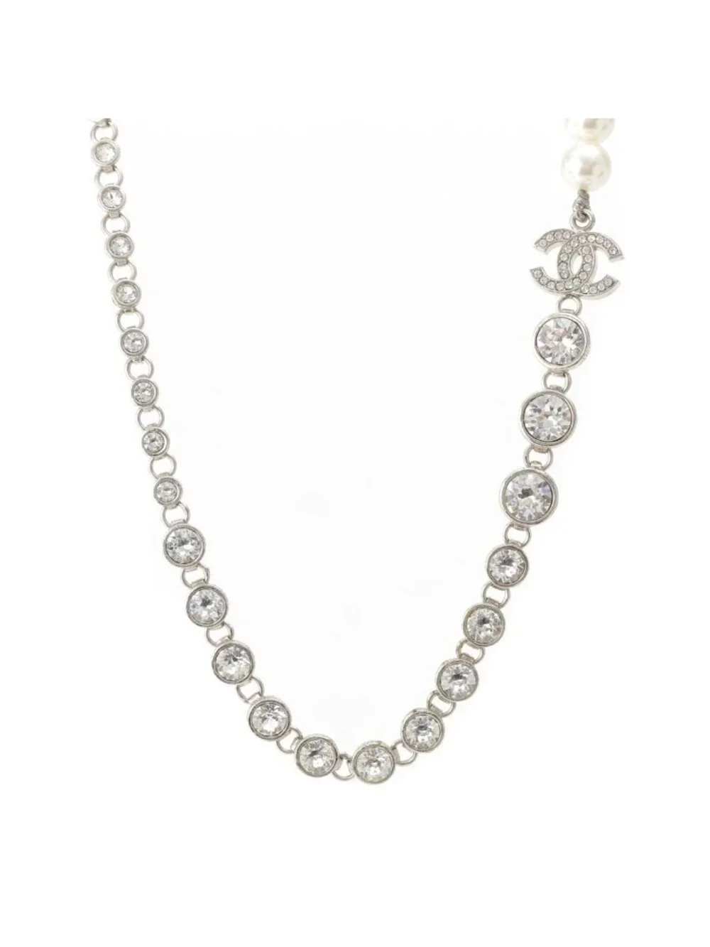 Chanel 24 Pearl Rhinestone Necklace Silver